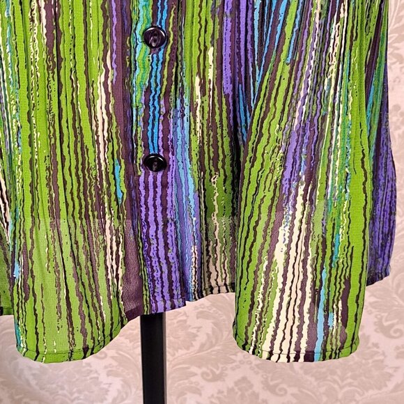 Avenue Size 18/20 Button Front Vertical Striped Sheer Peplum Blouse Short Sleeve - Picture 5 of 14